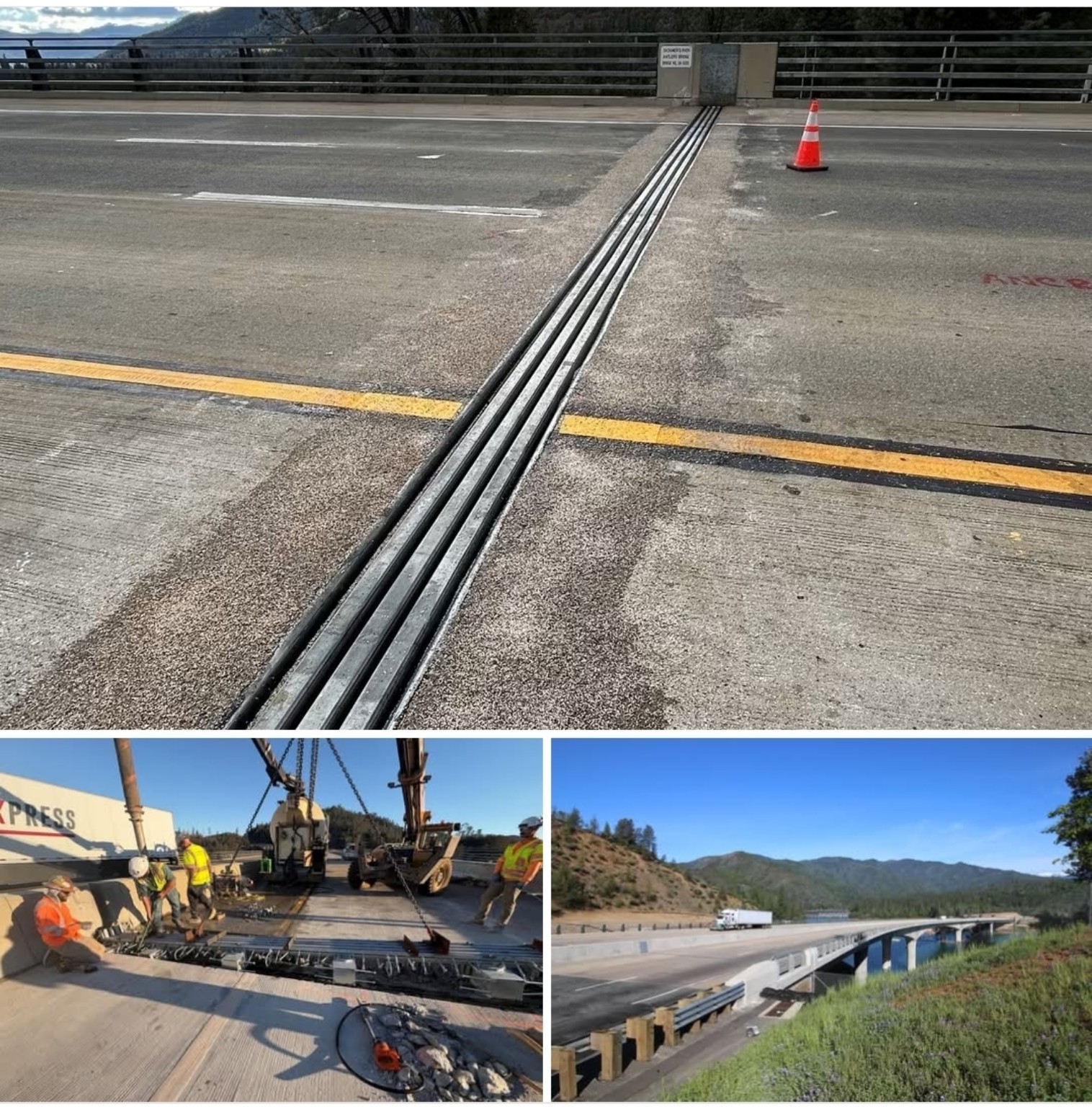 Caltrans photo collage showing bridge joints, crews working and Antlers Bridge on Interstate 5 near Lakehead. Photo courtesy of Caltrans.