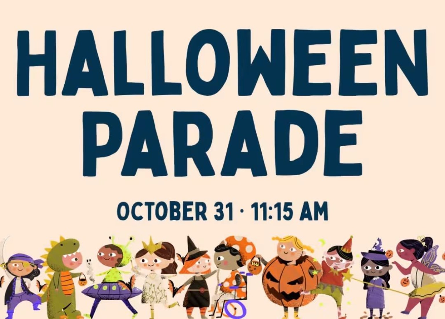 Shasta Public Libraries Halloween Parade flyer showing children in costumes and the October 31st parade time of 11:15 a.m.