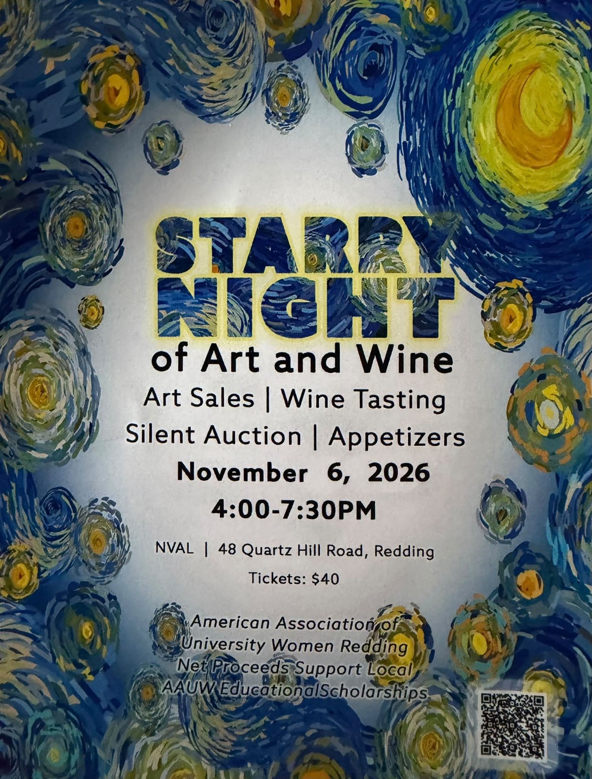 Blue and gold Starry Night of Art and Wine event flyer for the November 6th, 2026 AAUW Redding scholarship fundraiser.