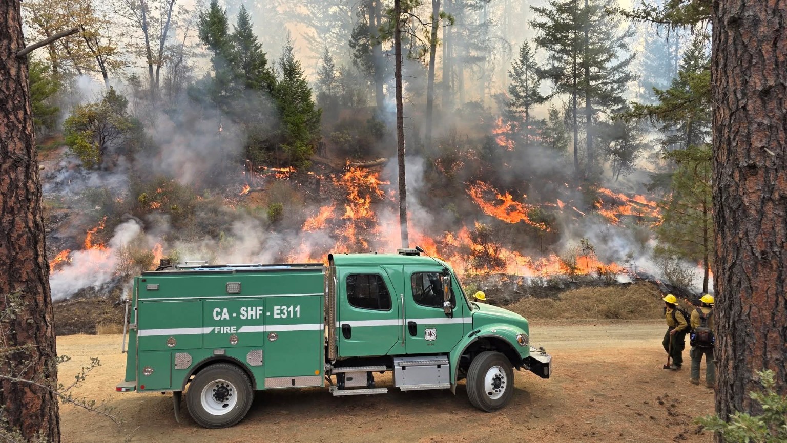 Forest Service engine and firefighters at prescribed fire operations earlier this week in the Weaverville Community Forest. Forest Service photo.