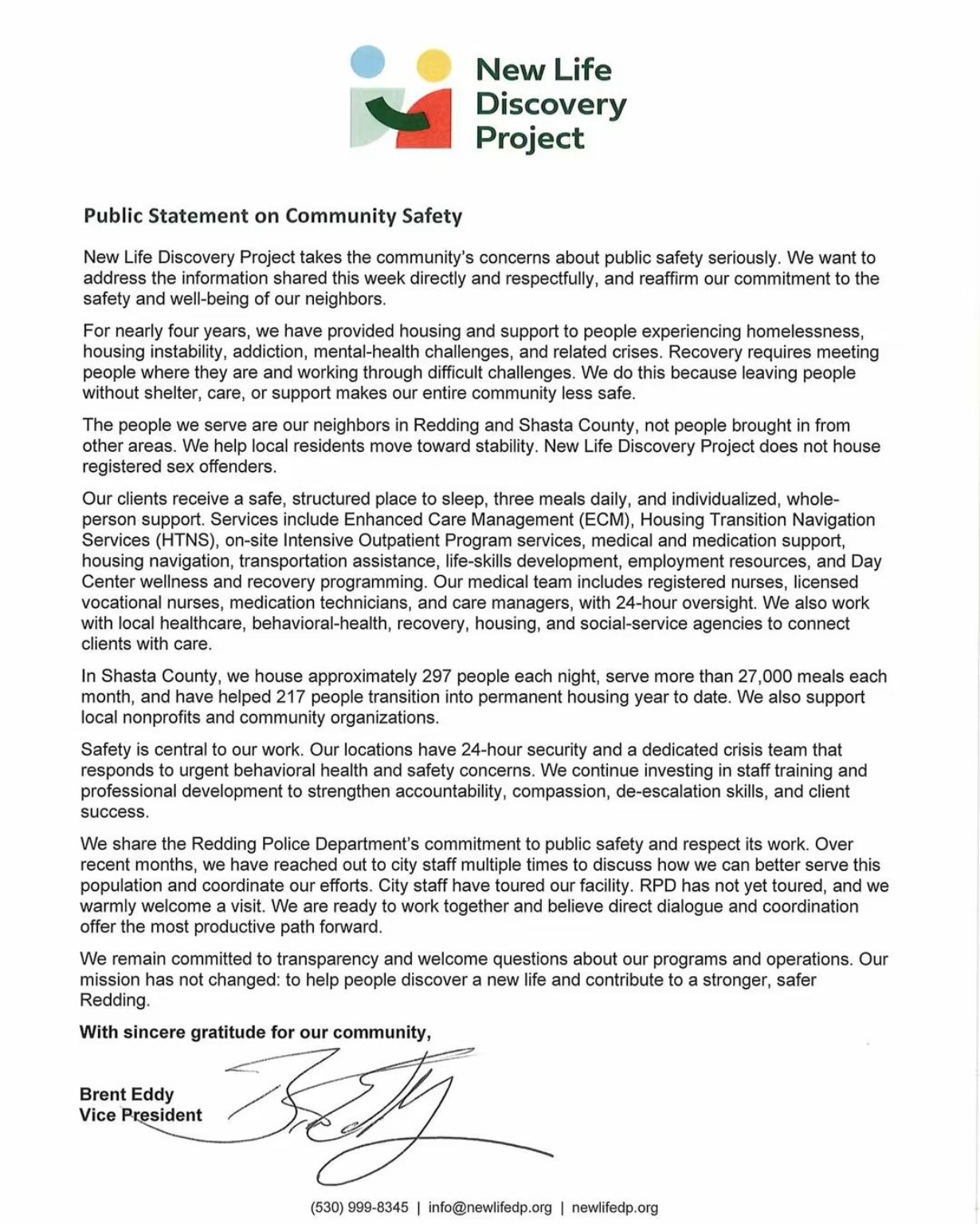 New Life Discovery Project’s public statement on community safety, signed by Vice President Brent Eddy. Image provided by New Life Discovery Project.