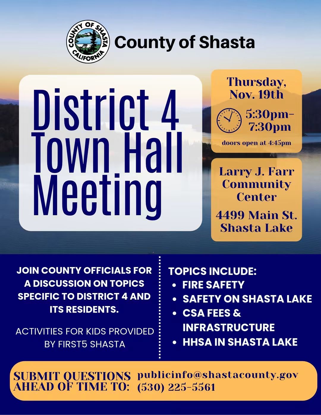 Shasta County District 4 Town Hall announcement with meeting date, time, location and discussion topics.
