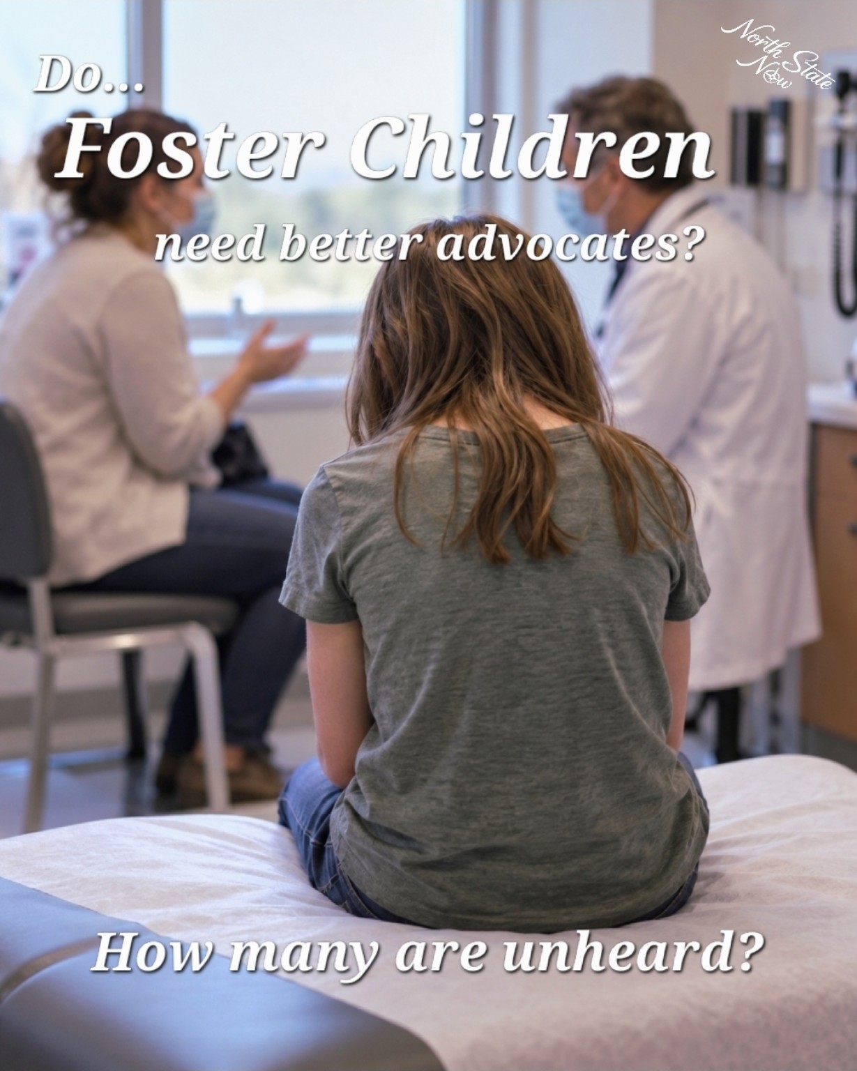 Illustration of a child sitting on an examination table while two adults talk in a medical office.