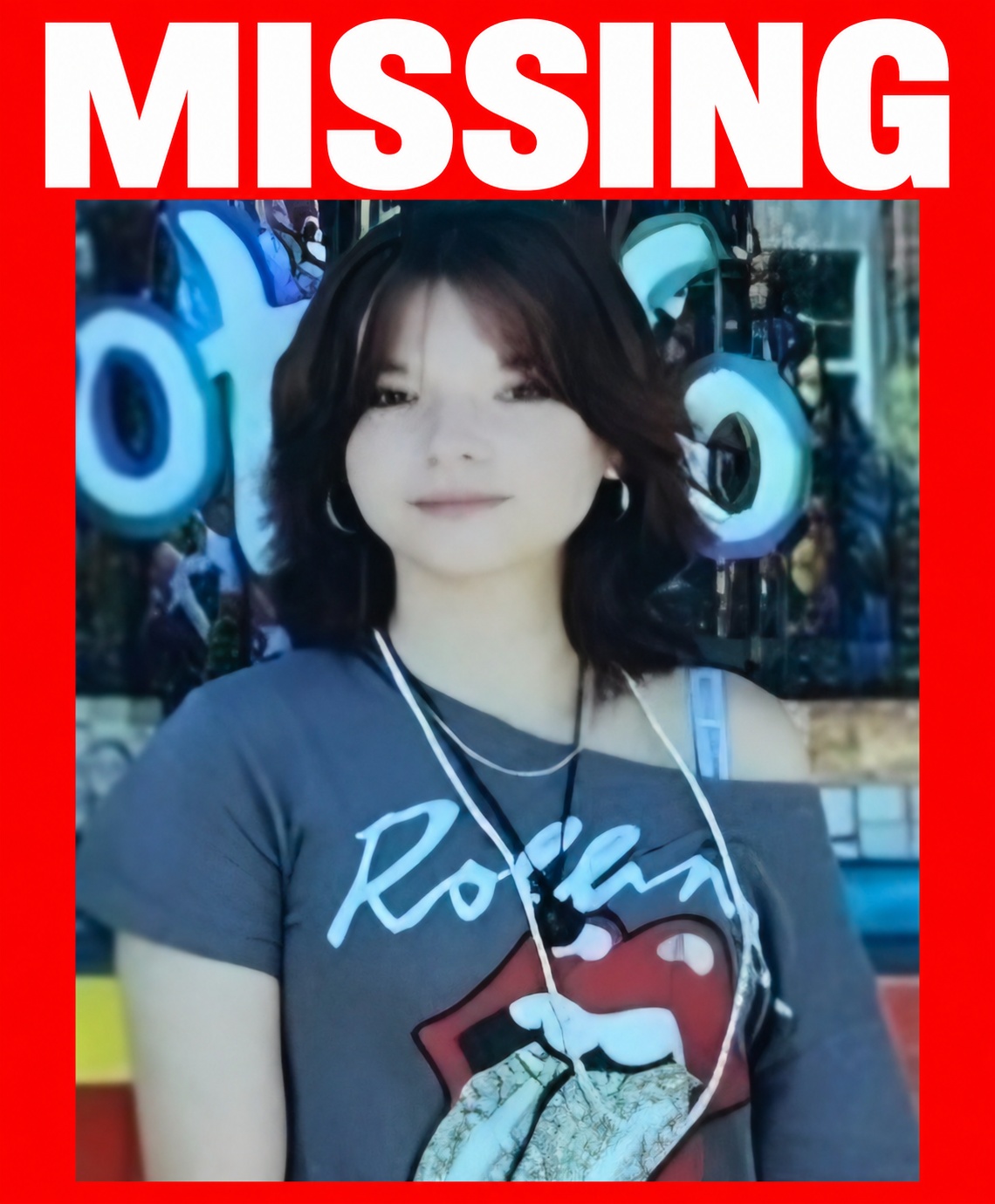 Mahaylah Kopta, reported missing from Redding, pictured inside a red border with a large MISSING heading. Photo provided by the Redding Police Department.