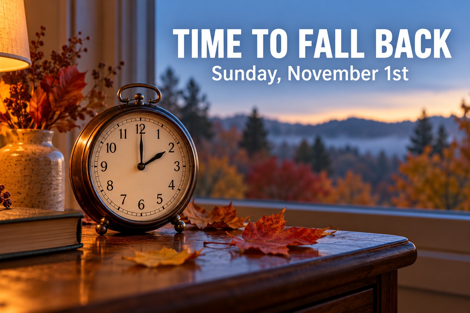 An analog clock and autumn leaves beside a window, with a reminder to fall back on Sunday, November 1st.