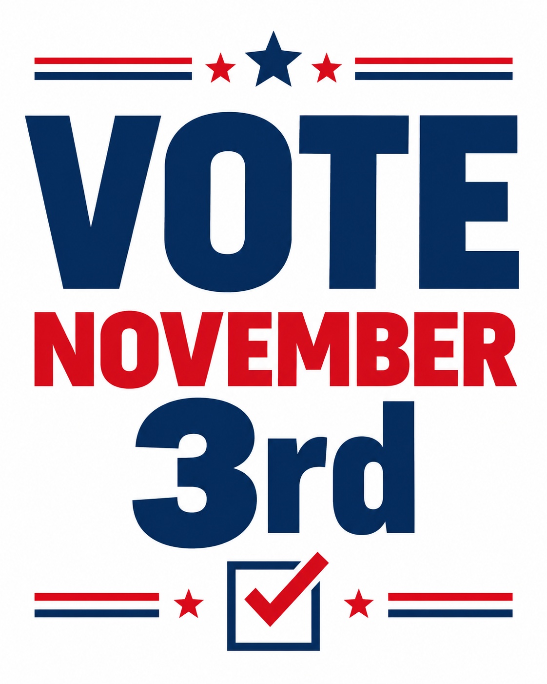 Vote November 3rd reminder in bold red and navy lettering on a white background with a checked ballot symbol.